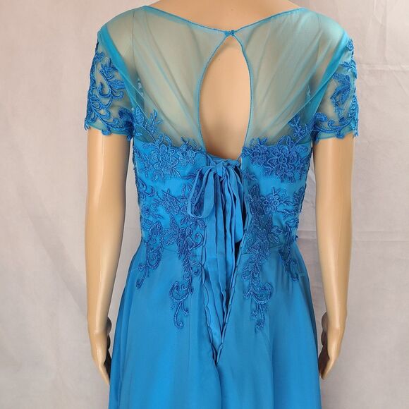 New Mother of the Bride (12) Deep Sky Blue Chiffon Embroidery Hi-Low Midi Dress - Picture 7 of 10